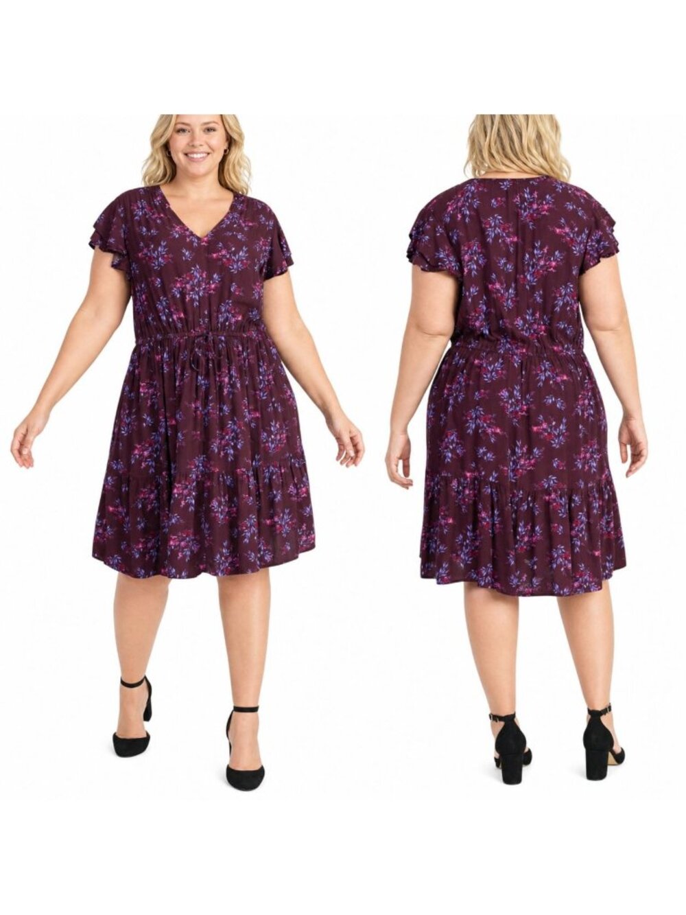 Terra & Sky Floral Tiered Flutter Sleeve Dress Boho Romantic Cottagecore Plus 2X